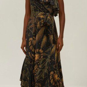 Farm Rio black golden foliage one-shoulder maxi dress